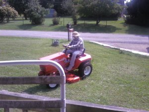 Dad mowing on the Gravely.